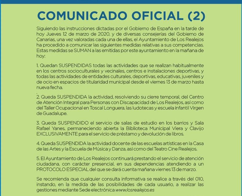 Segundo comunicado oficial del Ayuntamiento de Los Realejos