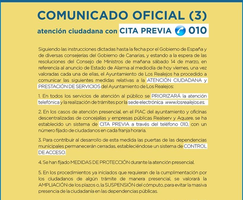 Nuevo comunicado del Ayuntamiento de Los Realejos (Atención Ciudadana)