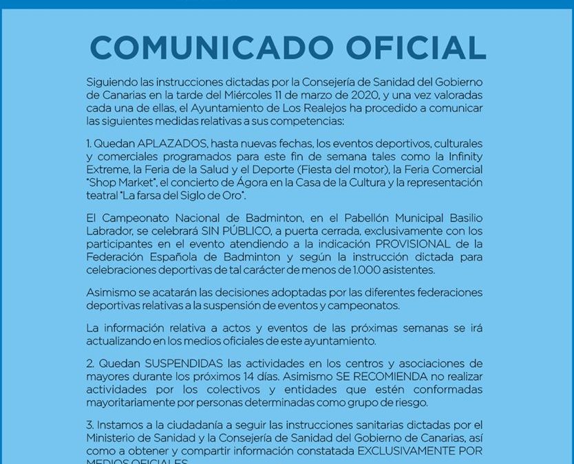Comunicado Oficial del Ayuntamiento de Los Realejos